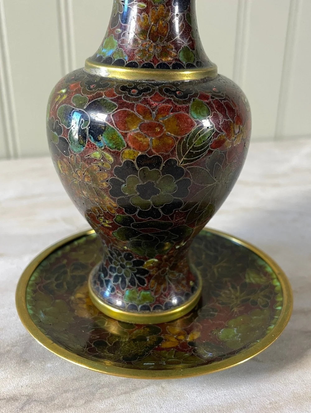 Vintage Floral Cloisonne Vase with Matching Dish